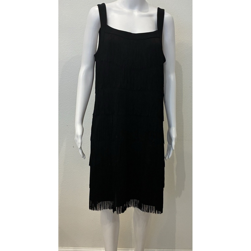White House Black Market Sleeveless Black Fringe Flapper Cocktail Dress L Party‎